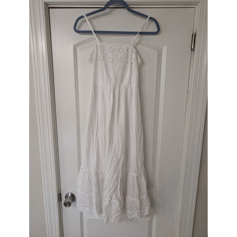 Japna Womens White Cotton Eyelet Tiered Midi Dress Smocked Small Boho Floral